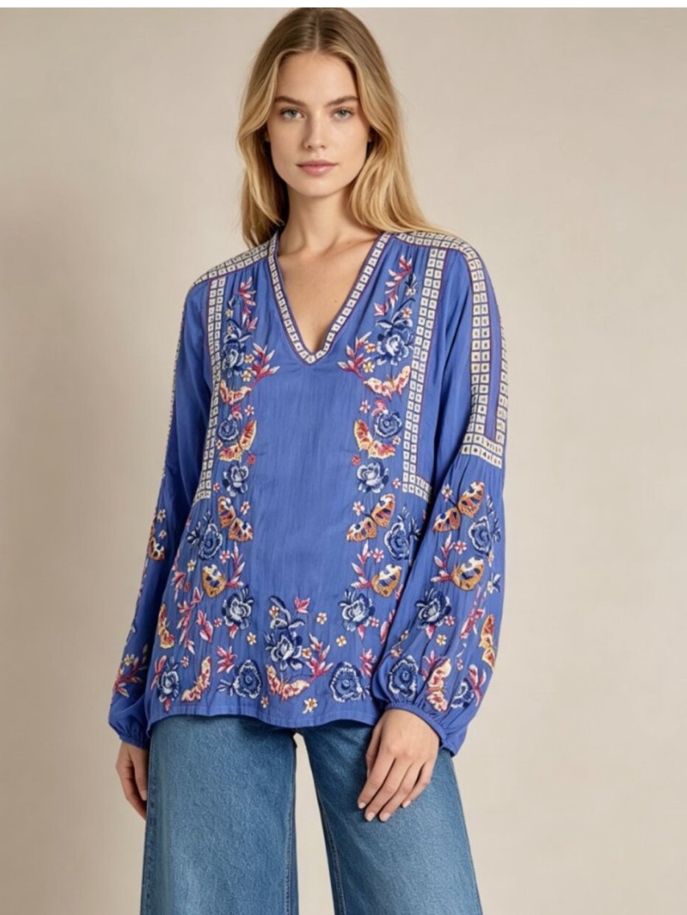 Johnny Was Tamara Blouse Floral Embroidered Baja Blue Size large